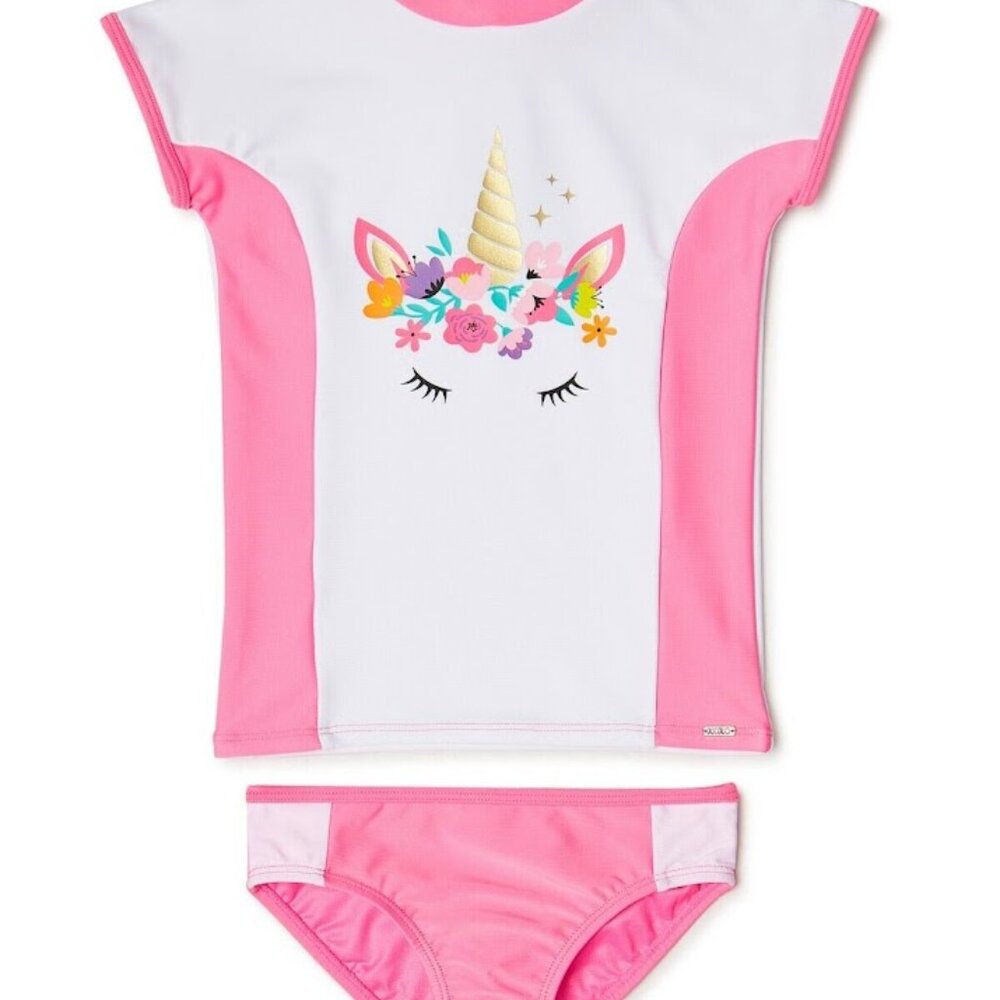 XOXO Girls Unicorn Rashguard Swim Shirt & Bikini Bottoms, 2-Pc Swimsuit 12-14